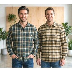 Lot of 2 Men's Carhartt Flannel Shirts Plaid Long Sleeve Button Down Workwear